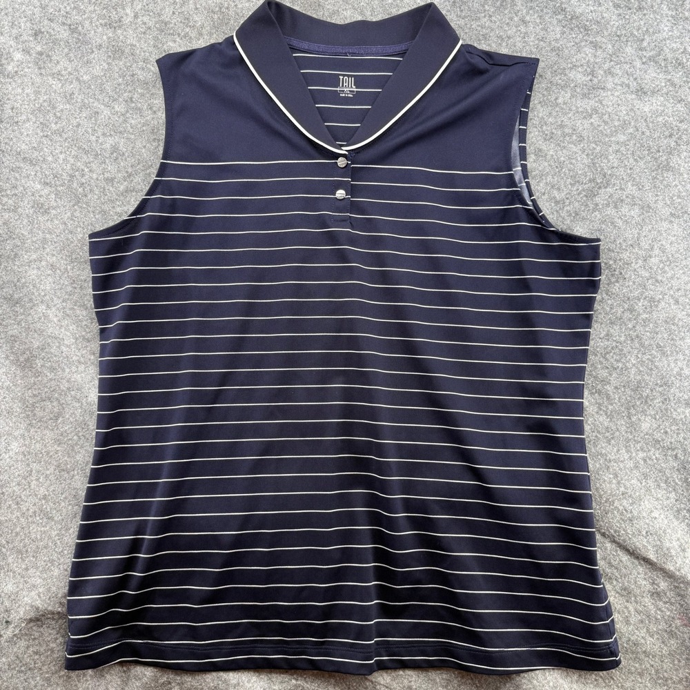 Tail Polo Top Womens XL Navy Blue Striped Sleeveless Snap Button Golf Shirt